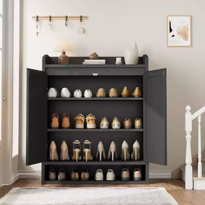 COZONY 5-Tier Rattan Shoe Cabinet Storage Organizer with 2 Doors Adjustable Wooden Entryway Hallway Closet Living Room Natural
