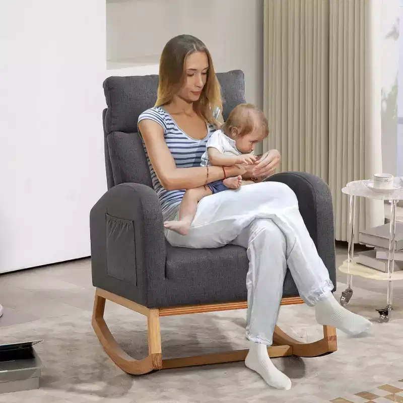 Nursery Rocking Chair Glider with Storage Pockets – High Back, Wood Base