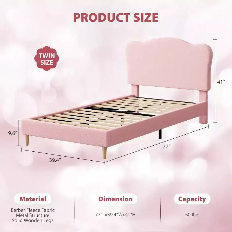 GustoWave Twin Size Upholstered Platform Bed Frame with Scallop Headboard for Kids - Pink, No Box Spring Needed