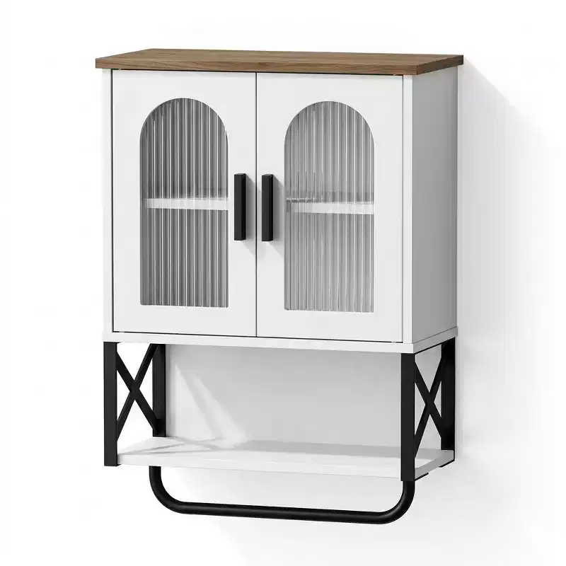 Dcolora Bathroom Wall Cabinet with Adjustable Shelf, Towel Bar, 2 Glass Doors