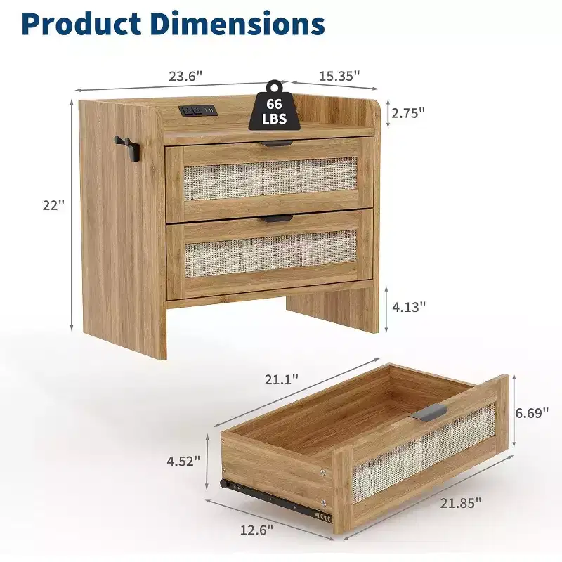 Wooden Nightstand with Type-C Charging Station, 1 Drawer & Open Shelf