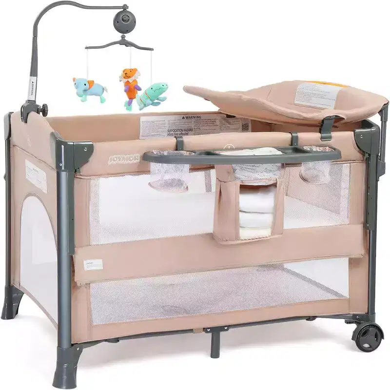 3 In 1 Baby Bassinets Crib Bedside Sleeper in Beige With Removable Hanging Bag & Changing Table Function