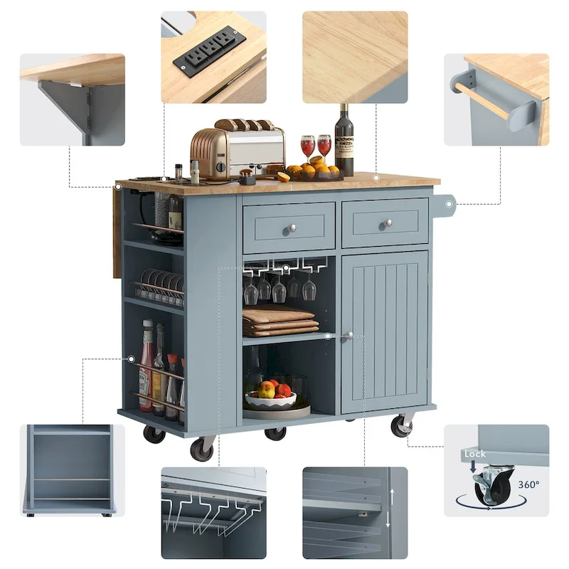 Adjustable Shelves Kitchen Island with Power Outlet and Drop Leaf