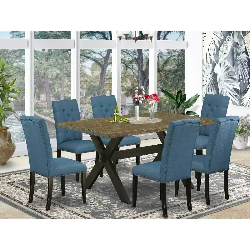 7-Piece Distressed Jacobean Finish Solid Wood Top Dining Table with 6 Chairs with