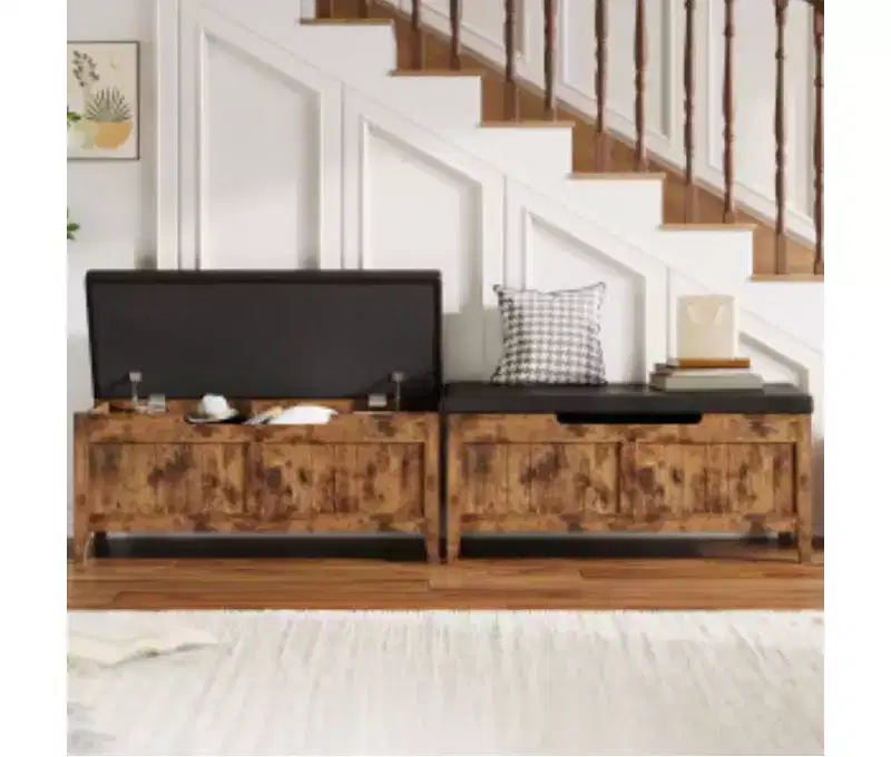 Storage Ottoman Bench, Solid Wood Frame with Cushion and Hidden Storage, 100CM, Retro Brown