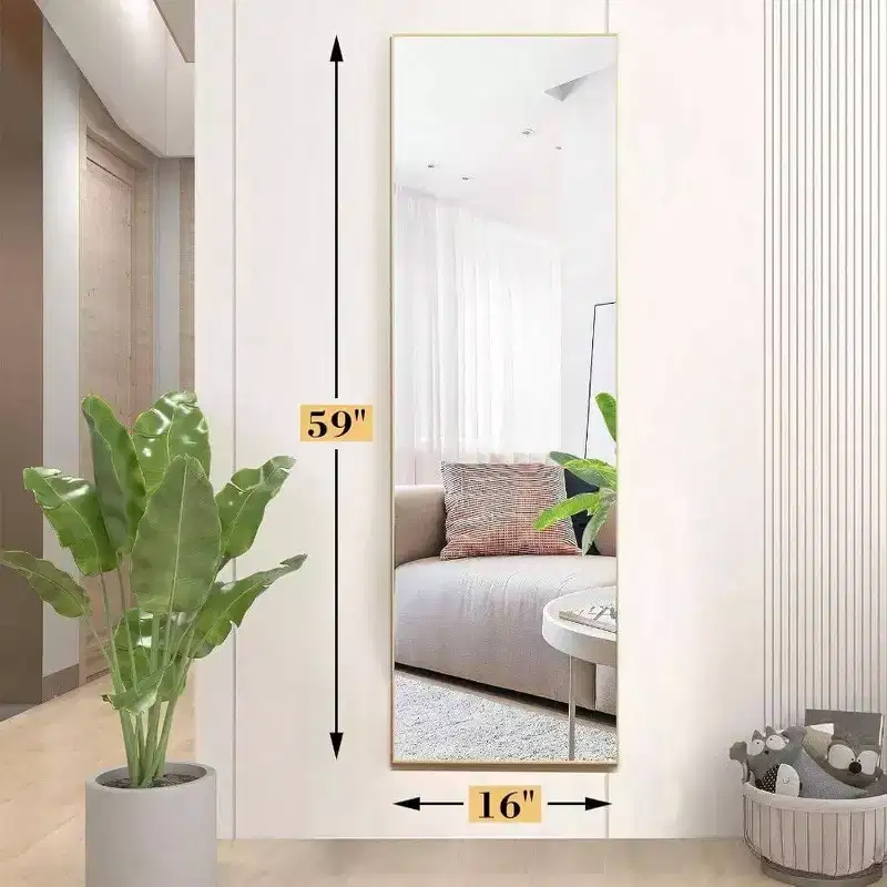 Gold Full Body Mirror, 59x16 Inches with Stand. Aluminum Frame for Wall Hanging, Leaning, or Free Standing in Any Room