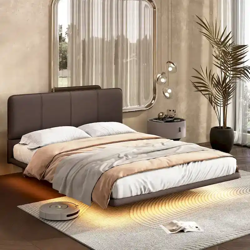 Korli Modern Upholstered Leather Floating Bedframe & Headboard Set with LED Lighting by