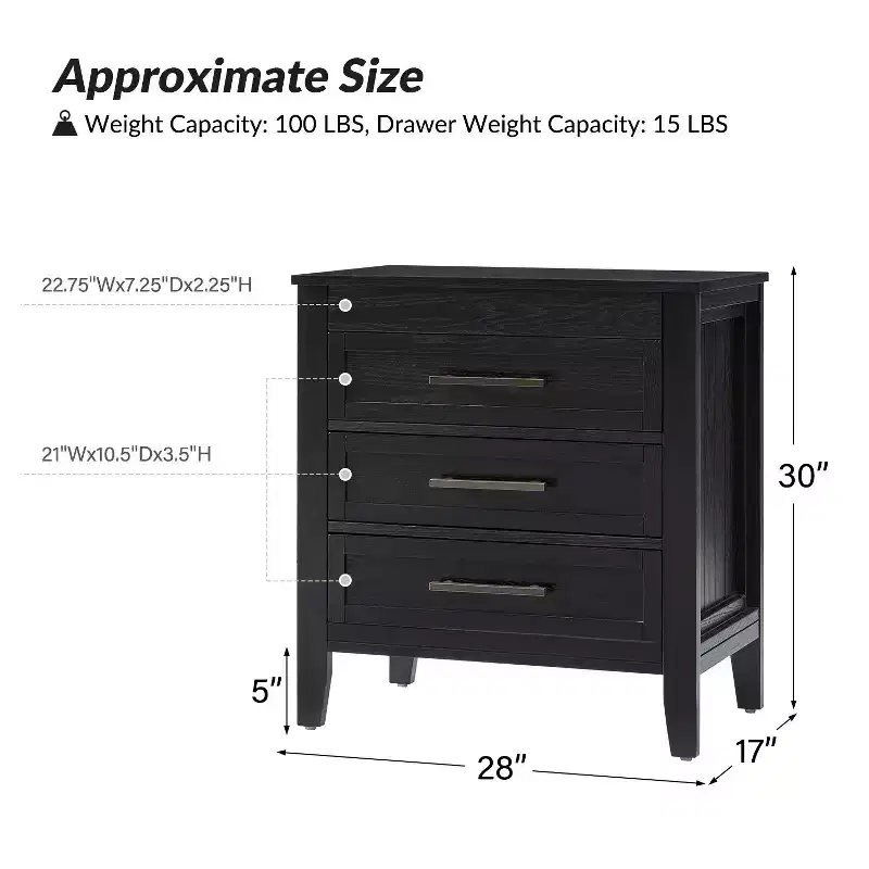Yaran 3 Drawer Nightstand-BLACK