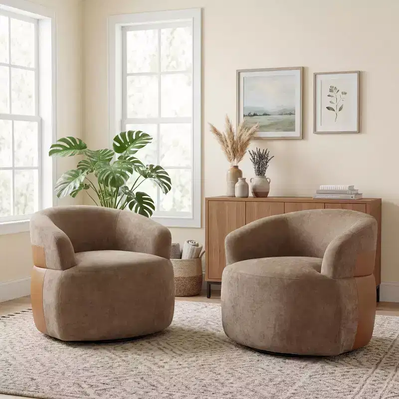 Christopher Knight Home Anuei Modern Wooden Boucle Upholstered 360 Swivel Chairs with Metal Leg and Faux Leather Accent (Set of 2)
