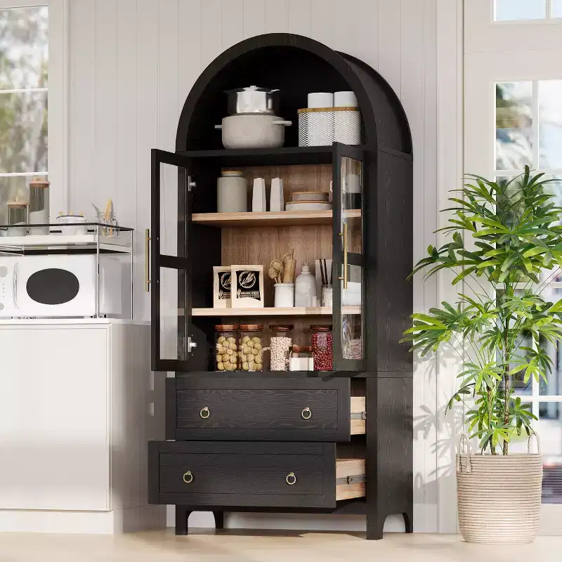 sumyeg 71 Tall Arched Kitchen Pantry Cabinet with Glass Doors, Adjustable Shelves & 2 Large Drawers