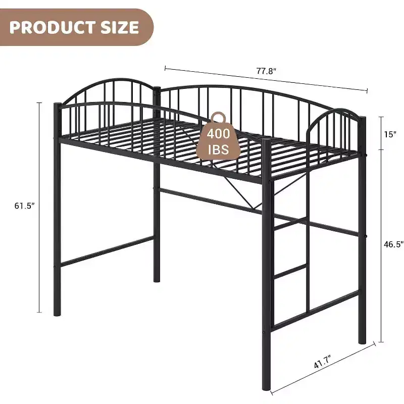 Twin Size Loft Bed with Stairs & Arched Guardrail - Sturdy Metal Slats, Space Saving, Noise Free, No Box Spring, Ideal for Kid Room & Dorm, Black