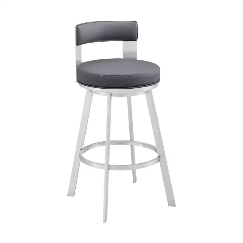 Armen Living 26" Flynn Metal with Faux Leather Swivel Counter Height Barstool Silver/Gray