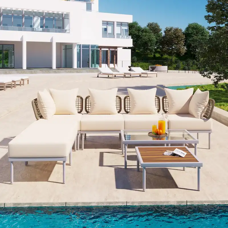 8-Piece Patio Sectional Sofa Set with Tempered Glass Coffee Table