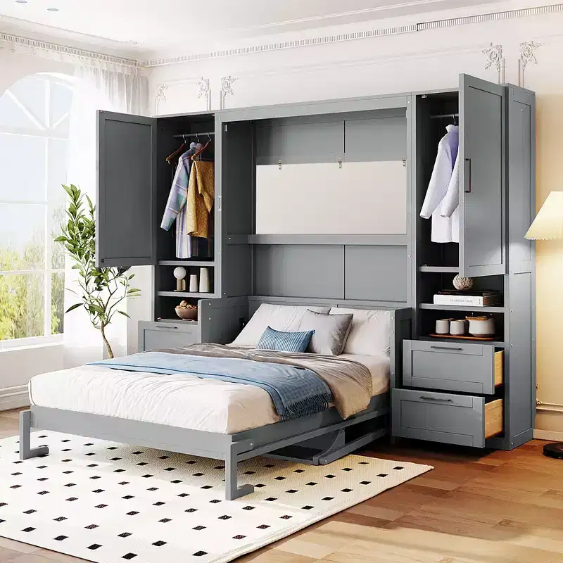 Whisen Modern Design Queen Size Murphy Bed Wall Cabinet Bed, Folded into a Cabinet with Closet, Drawers and Shelves