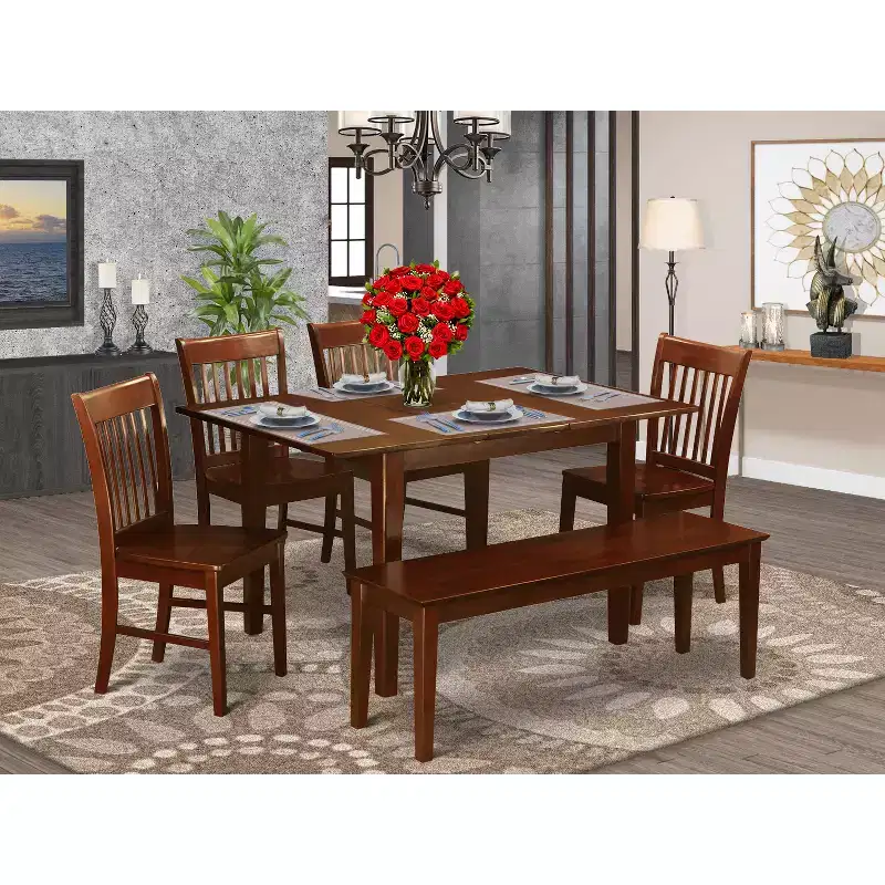 Mediterranean Dining Set - Extendable Table & 6 Chairs - Wood Seat - Mahogany Finish - Dining Room Furniture