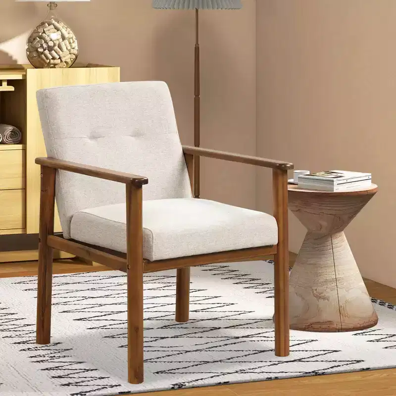 Modern Accent Chair Upholstered Linen Fabric Armchair with Solid Wood Legs