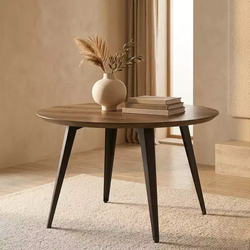 LeisureMod Ravenna 47-inch Round Wood Dining Table, 4 Person Kitchen Table, Modern Black Metal Tapered Legs, Perfect for Bistro Nooks & Restaurants