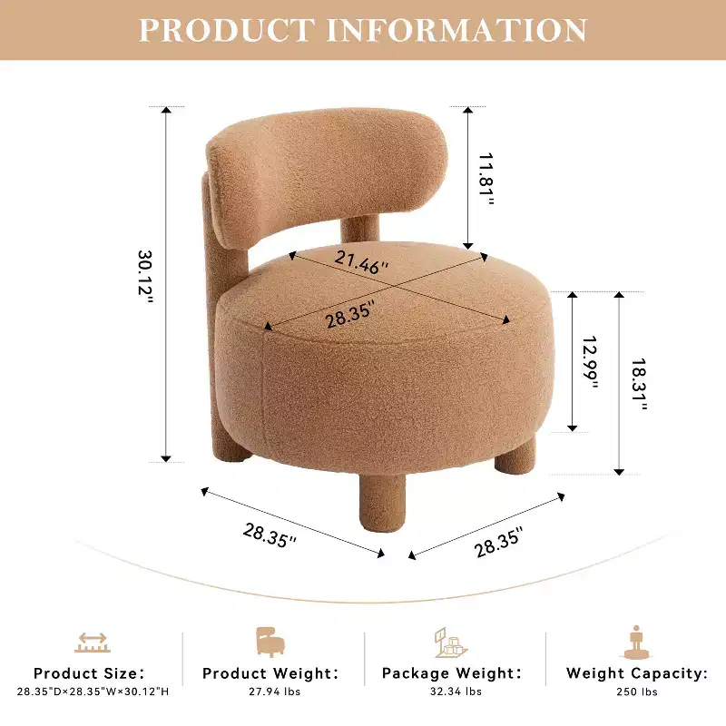 Upholstered Accent Chair Armless Side Chair with Curved Backrest, Teddy/Fur, White/Khaki - ModernLuxe