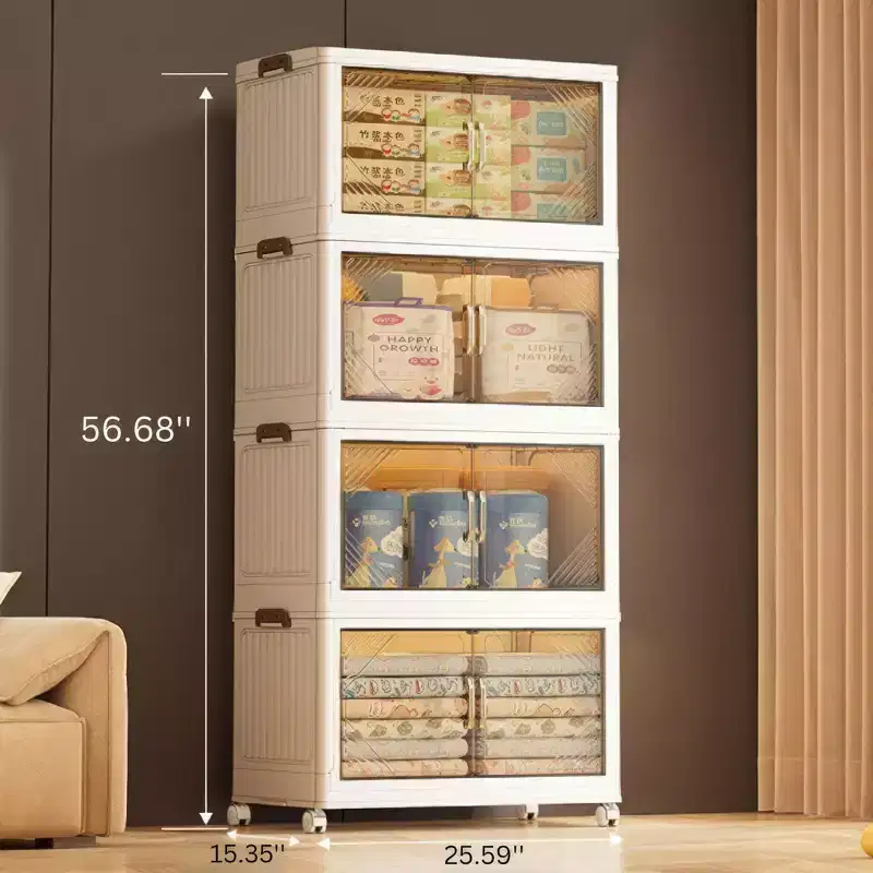 25.6 Inch Wide Clear Door Foldable Storage Box 4-Tier Large Capacity Organizer, Easy Access, Space-Saving Foldable Design