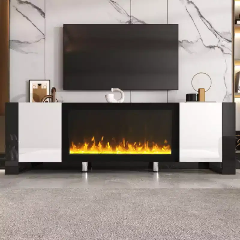 78'' TV Stand with 34.2'' Electric Fireplace, High Gloss Media Console with 2 Cabinets