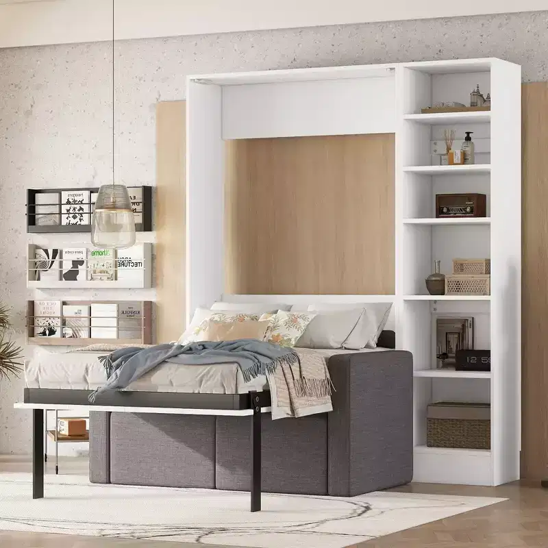 Full/Twin Murphy Bed with Sofa, Wall Bed with Cushion, Murphy Bed with Shelves for Bedroom Guestroom Small Room, White