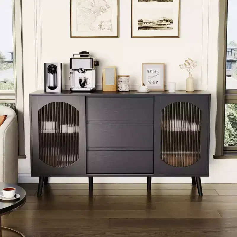 Contemporary Black Buffet Cabinet  Ample Storage Sideboard with Fluted Glass Sliding Doors and Drawers  Ideal for Kitchen, Dining, or Living Room