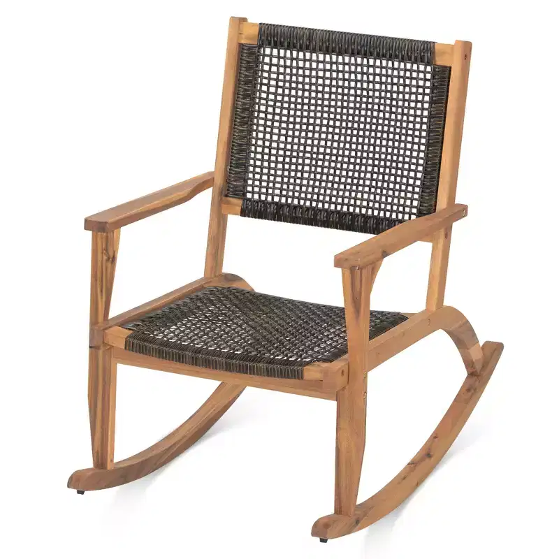 GDFStudio Antonio Patio Modern Acacia Wood Rocking Chair with Wicker Back and Seat (Set of 2)