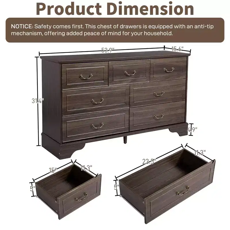 Karl Home 7-Drawer Brown MDF (Medium-Density Fiberboard) 53.94in. W Chest of Drawer