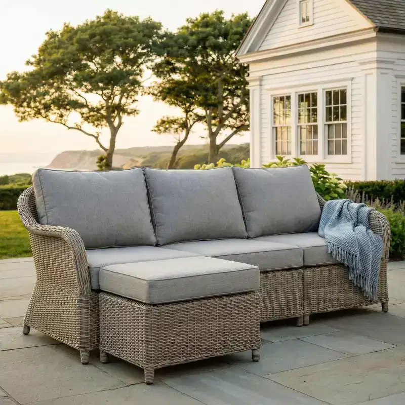 Martha Stewart Lily Pond Indoor-Outdoor Modular 3-Seat Patio Sofa with Ottoman in Weathered Gray Rattan Wicker with Gray All-Weather Cushions