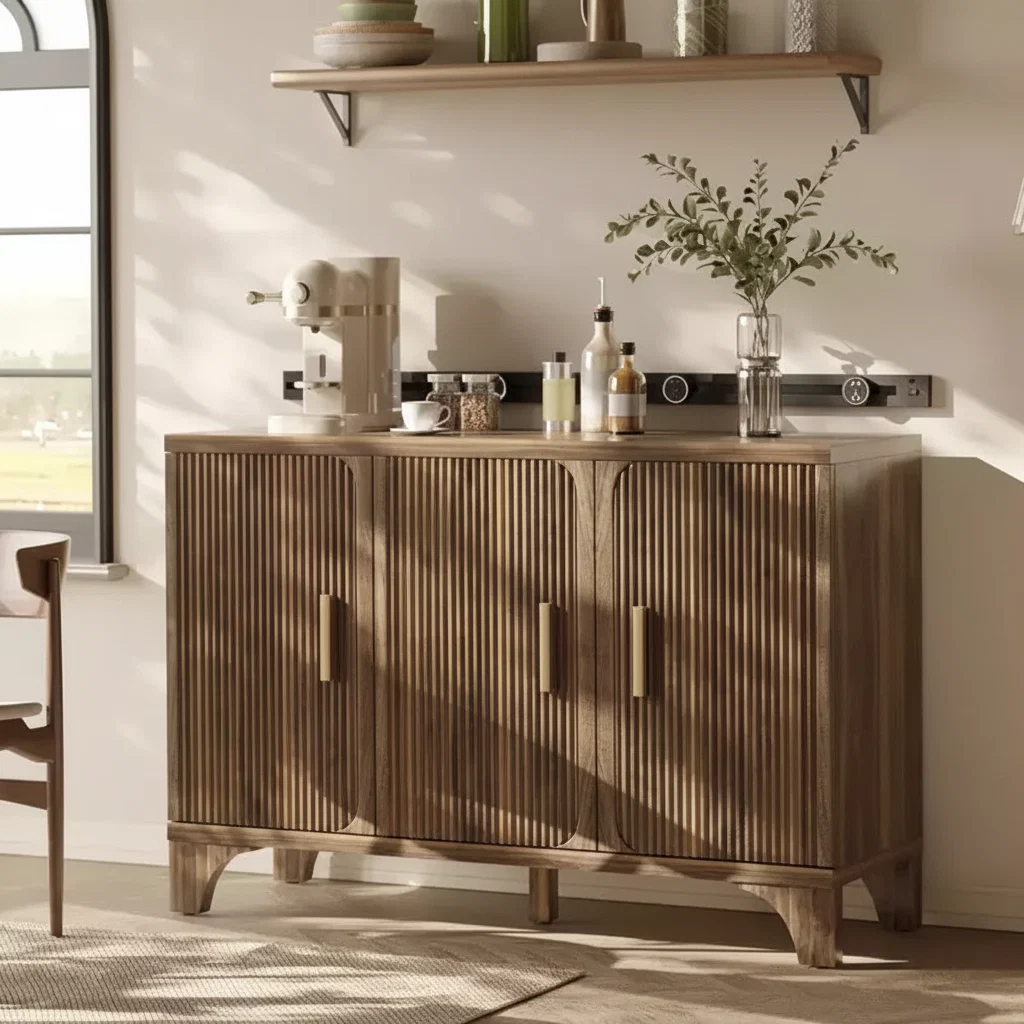 Fluted Sideboard Cabinet with Adjustable Shelves and Wood Doors