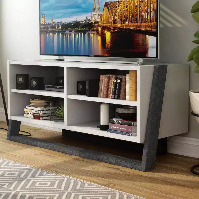 TV Stand for TVs up to 56 Inch in Gray with Two-Tone Finish Open and Adjustable Shelves