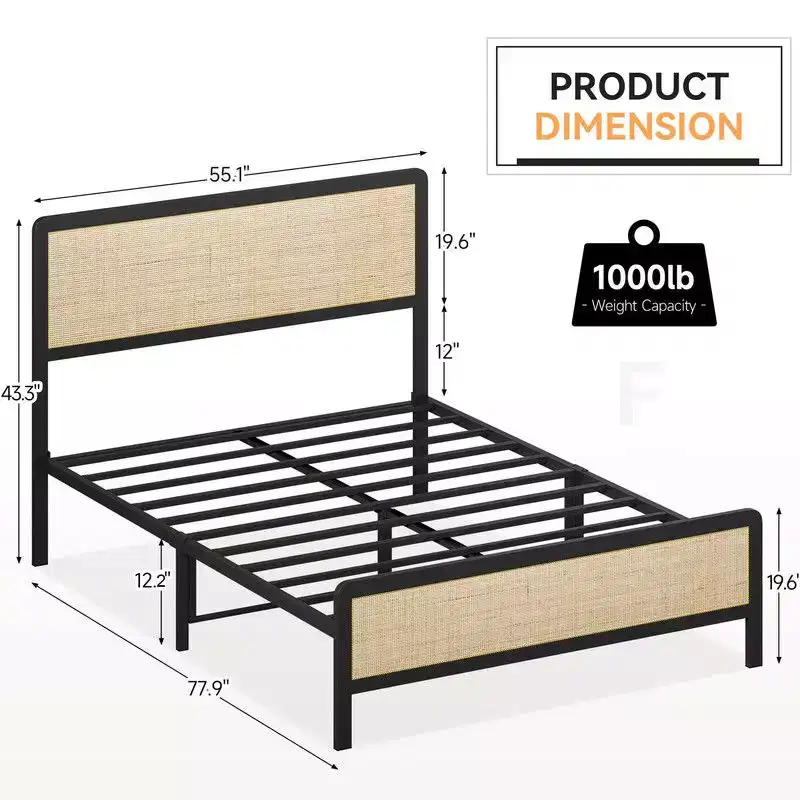 Coolmee Full/Queen Rattan Platform Bed, Bed Frame with Natural Rattan Headboard and Footboard, Metal Bed Frame with Under Bed Storage