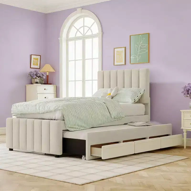 Luxystar Linen Upholstered Platform Bed with Trundle and 3 Drawers for Living Room