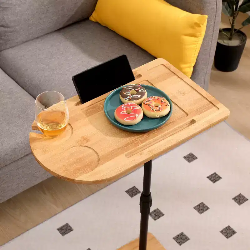 JVNOXK 2-in-1 Bamboo Couch Tray Table, Height Adjustable C-Shaped Side Table for Living Room Bedroom and Office
