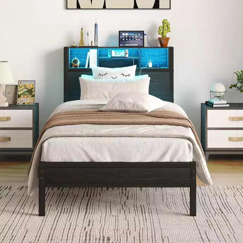 Bellemave Twin Metal Bed Frame with Storage Headboard, RGB LED Lights, Charging Station, Bookcase Storage, No Box Spring
