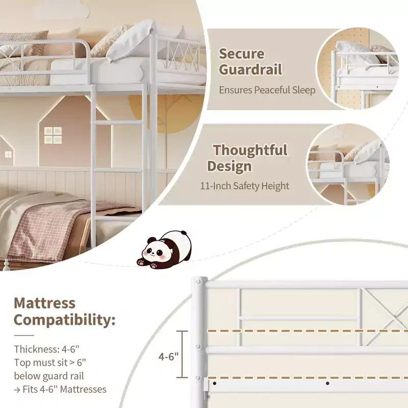 Bunk Bed Twin Over Twin with Extra High Guardrail, Heavy Duty Metal Frame & Sturdy Slats, No Box Spring Needed