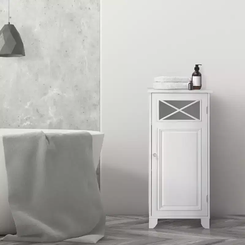 Freestanding Slim Floor Cabinet White Glass Door 3 Shelves
