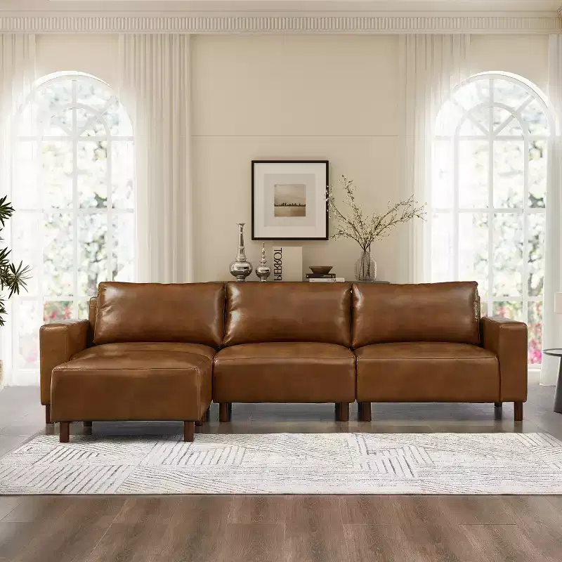 GDFStudio Arvin 112 Modern 3-Seat Faux Leather Upholstered Sectional Sofa with Ottoman
