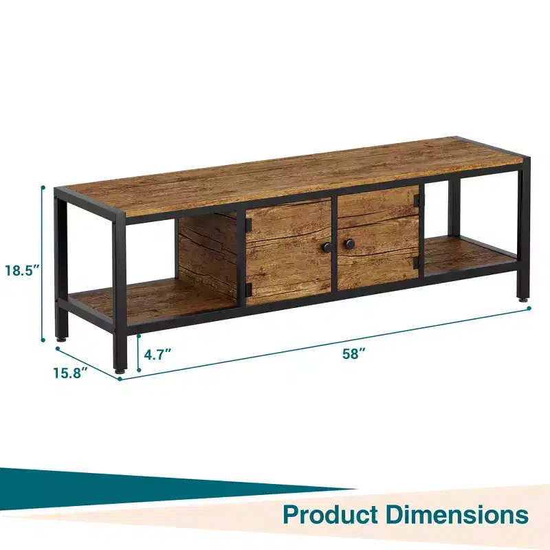 Rustic Brown TV Stand for Living Room  65 Inch Entertainment Center with 2 Cabinets, Open Shelves, Metal Legs  Fits TVs up to 75 Inch