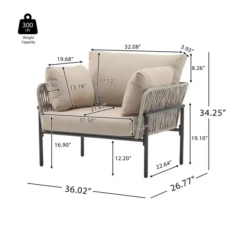 36W Patio Accent Chair Lounge Chair Arm Chair with Cushions, Pillows and Stylish Rope-Weave Design, Iron, Beige+Grey/Natural-ModernLuxe