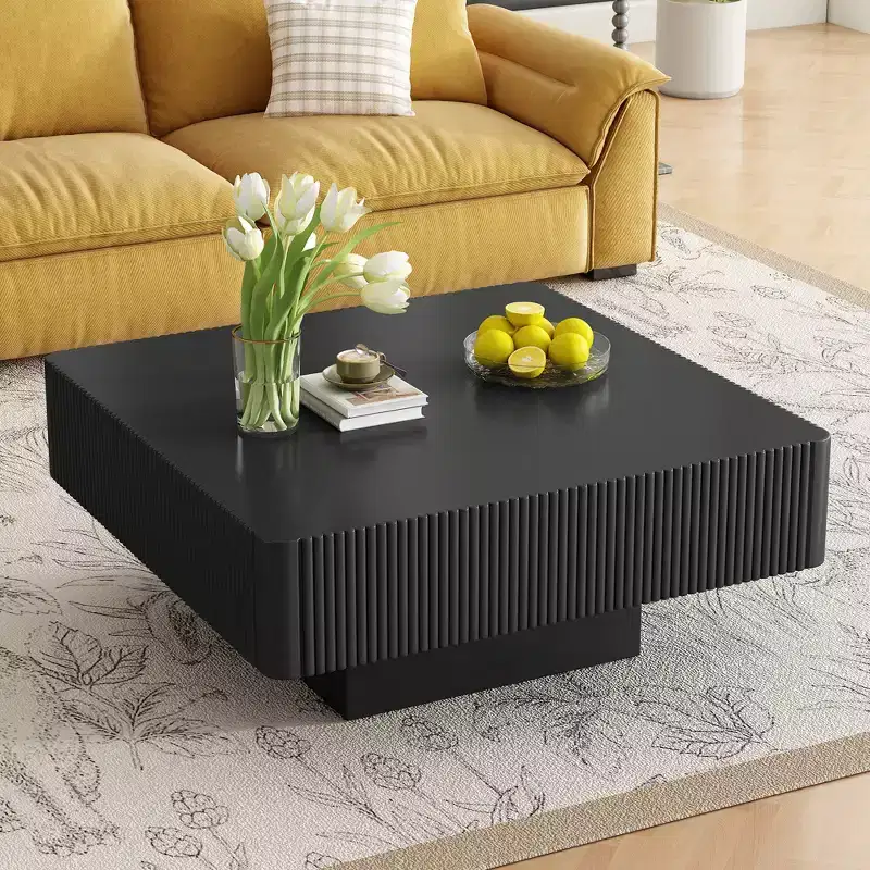 Wood Fluted Coffee Table, Modern Drum End Table, Square Center Table with Sturdy Base for Living Room