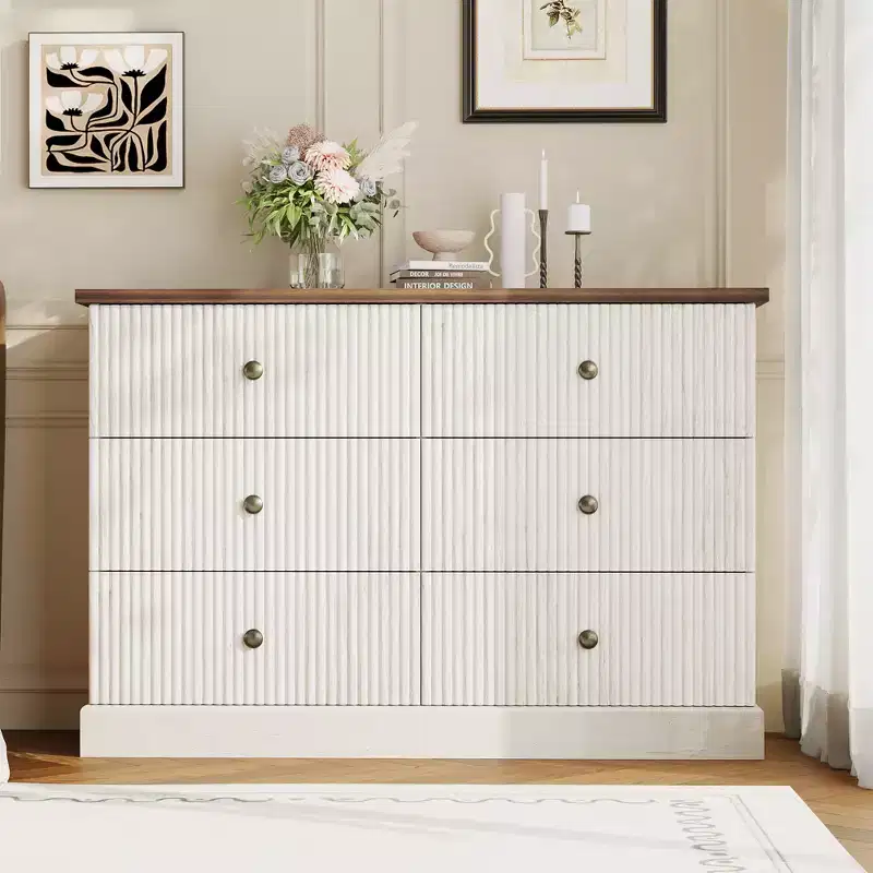 47 Fluted 6-Drawer Dresser for Bedroom, Horizontal Wood Chest with Metal Handles, Modern Storage Organizer for Bedroom, Living Room