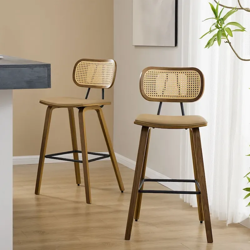 26-inch Wood Counter Height Bar Stools with Rattan Back
