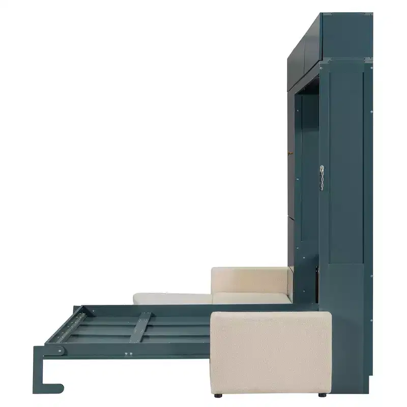 Queen Murphy Wall Bed with Beige Sofa and Shelves, Green Panel