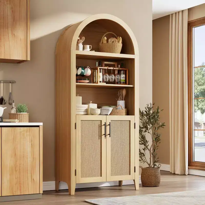 63.2 Arched Bookcase with Doors - 5 Tier Open Display Shelf with Rattan Decor, Modern Bookshelf Storage Cabinet for Home Office Living Room Library