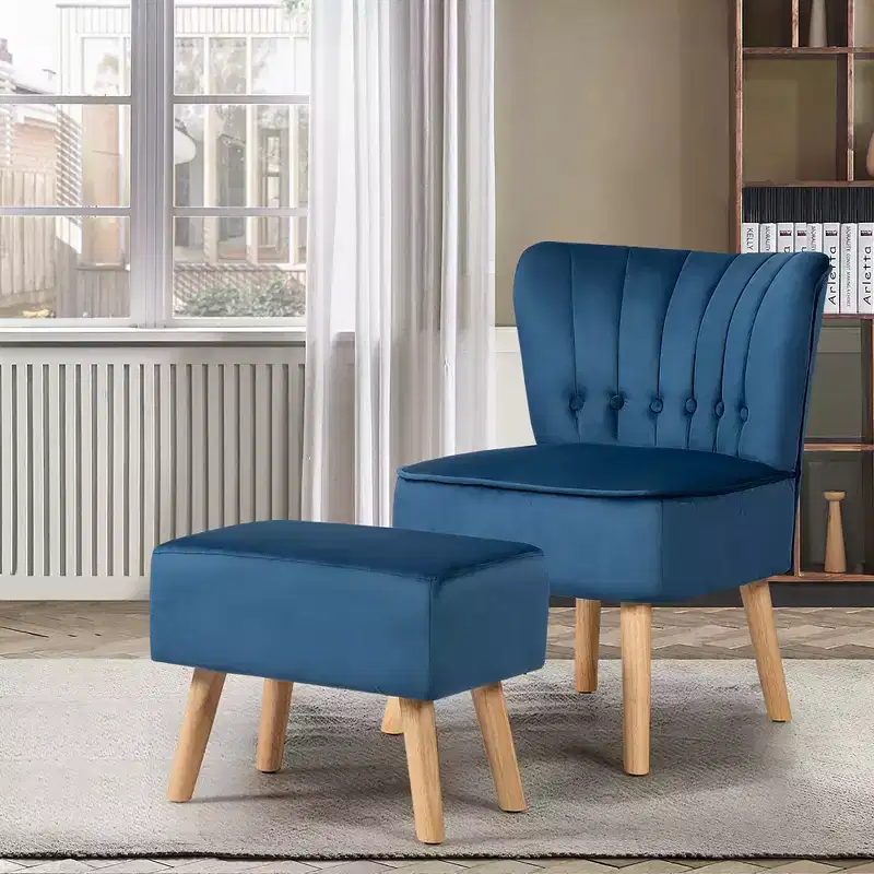 Costway Leisure Chair and Ottoman Thick Padded Button Tufted Sofa Set w/ Wood Legs Pink\ Blue\Green