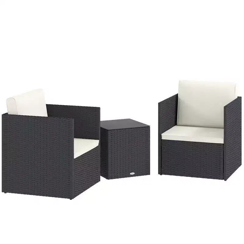 Folding Wicker Bistro Set, 3 Piece Patio Furniture Set with Cushions and Glass Coffee Table for Porch, Balcony