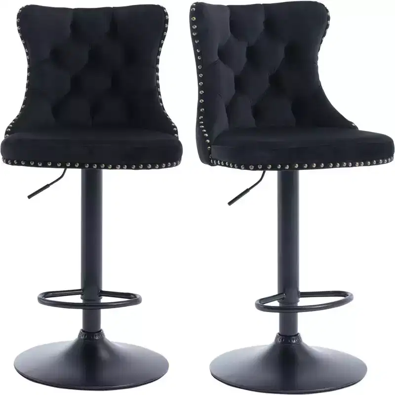 Swivel Velvet Bar Stools Set of 2, Adjustable Height Tufted Upholstered Mid Back, Black