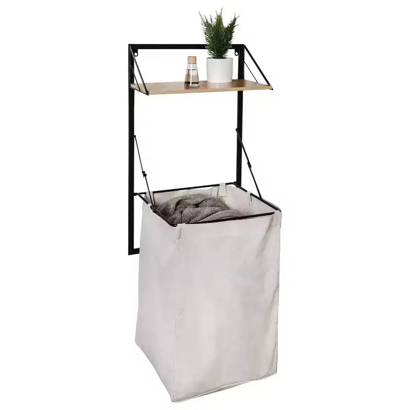 Laundry Shelf and Hamper Combo with Light Oak Wood Finish