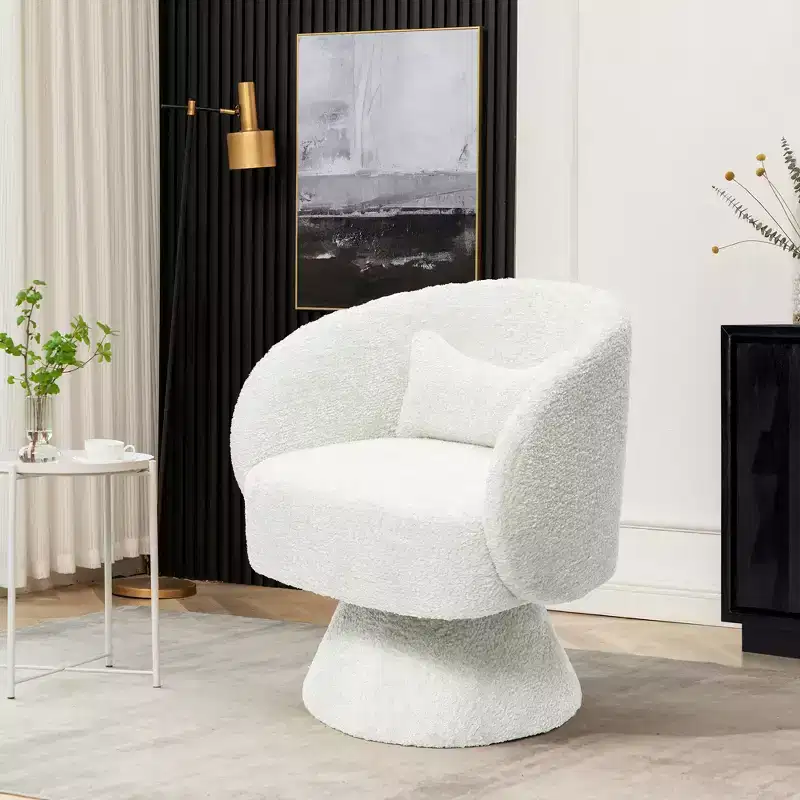 Upholstered Cream Club Swivel Chair with Wood Base